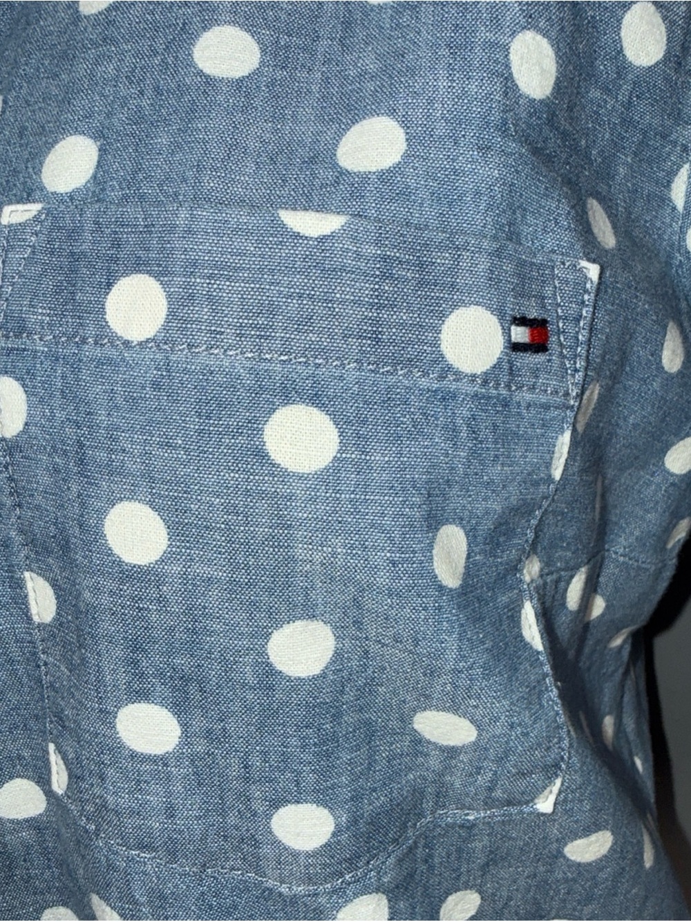 Tommy Hilfiger Shirt M Blue Polka Dot 3/4 Roll Tab Sleeve Button Down *READ - Picture 4 of 10